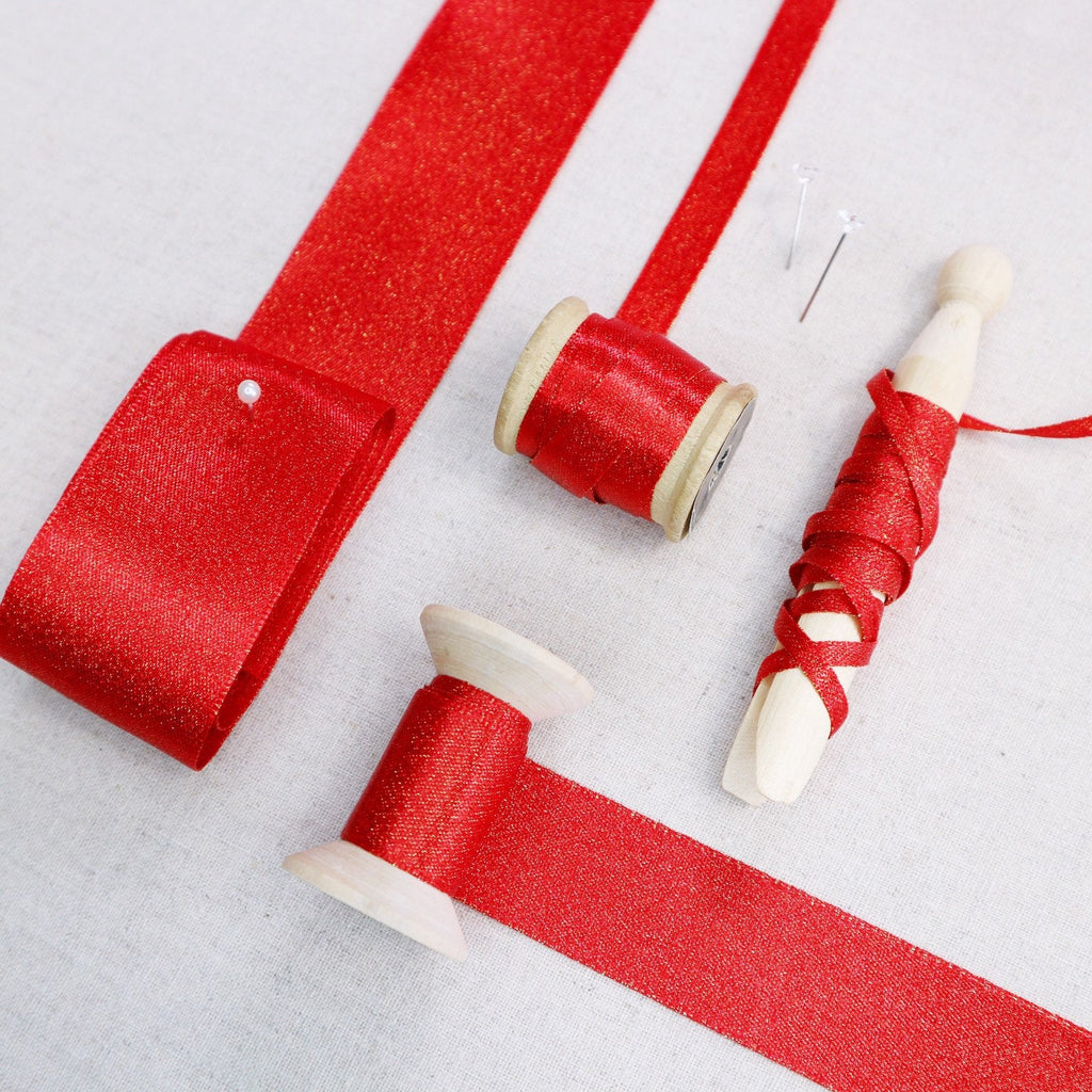 Rich Red Satin Ribbon With Gold Sparkles - StitchKits Crafts