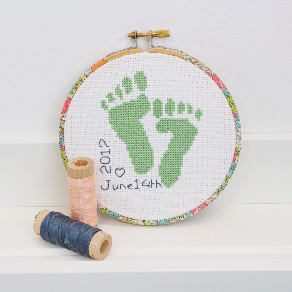 Green 'Baby Feet' Cross Stitch Hoop Kit - StitchKits Crafts