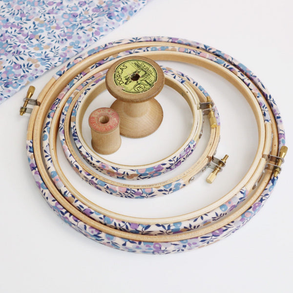 Lilac and Blue 'Wiltshire Berry',  Liberty Fabric Tana Lawn Covered Embroidery Hoops - StitchKits Crafts