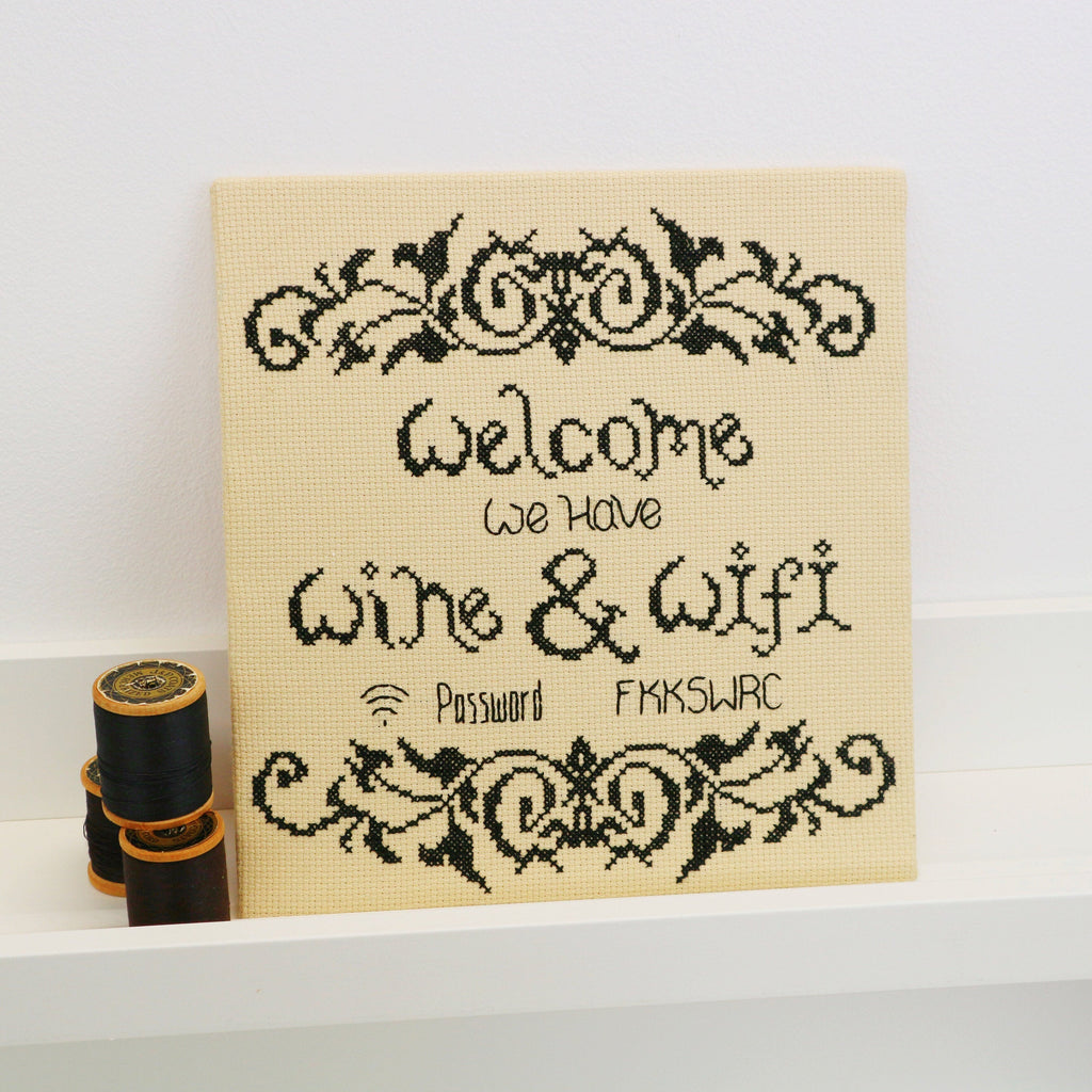 Welcome We Have Wine & WIFI, Cross Stitch Kit - StitchKits Crafts