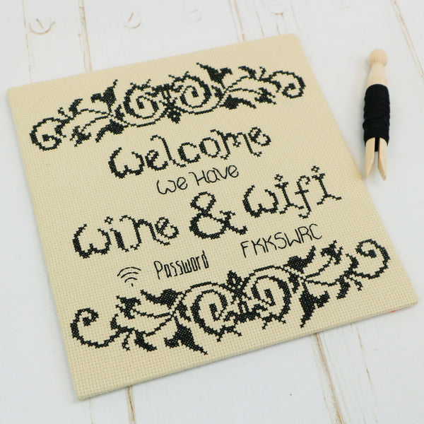 Welcome We Have Wine & WIFI, Cross Stitch Kit - StitchKits Crafts