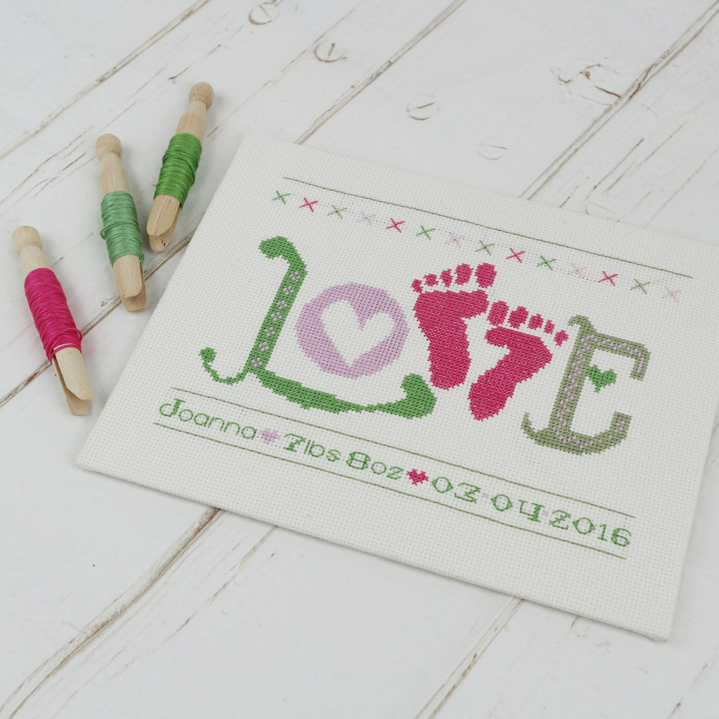 Baby Girl Cross Stitch Kit. 'Love' Baby Feet Pink - StitchKits Crafts