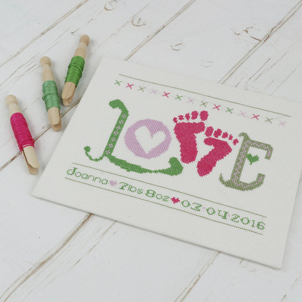 Baby Girl Cross Stitch Kit. 'Love' Baby Feet Pink - StitchKits Crafts