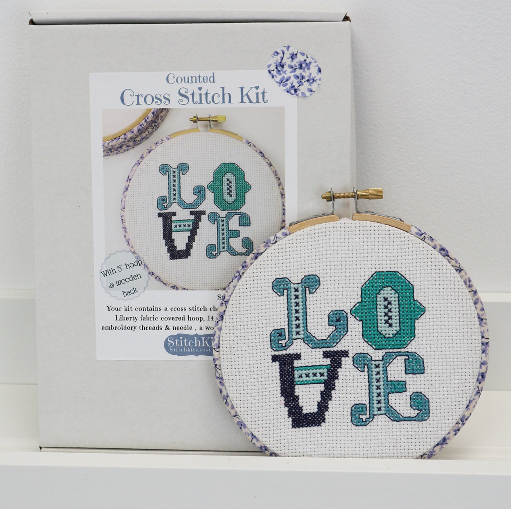 Ocean Blue Love Cross Stitch  Hoop Kit - StitchKits Crafts