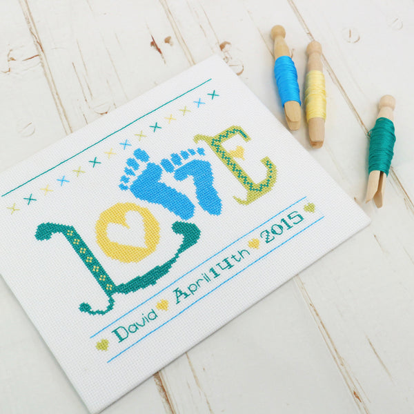 Baby Boy Cross Stitch Kit, 'Love' Baby Feet Sampler - StitchKits Crafts