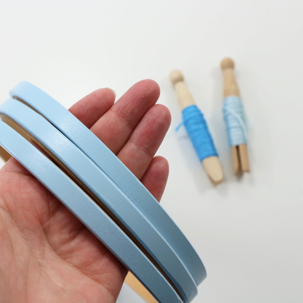 Blue Painted Embroidery hoops with dmc embroidery threads- StitchKits Crafts