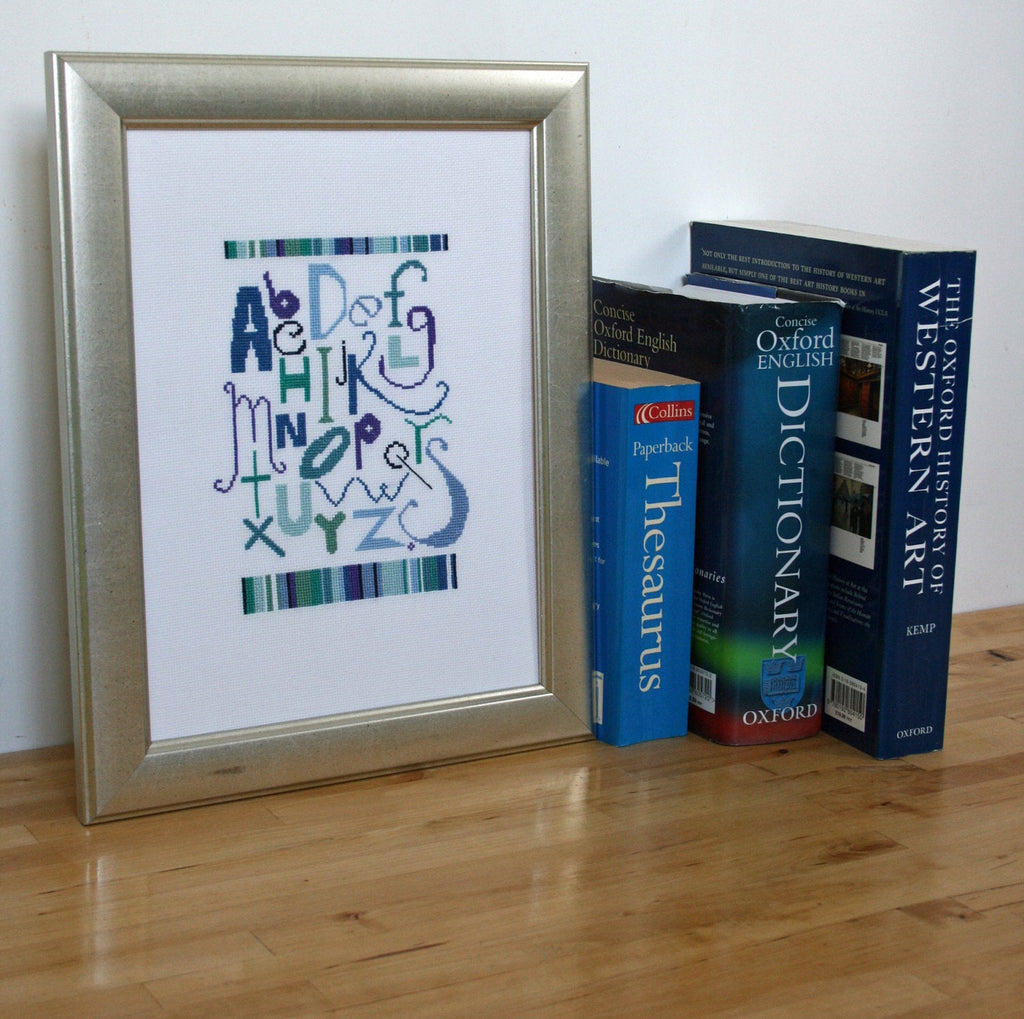 Blue Alphabet Sampler Cross Stitch Kit - StitchKits Crafts