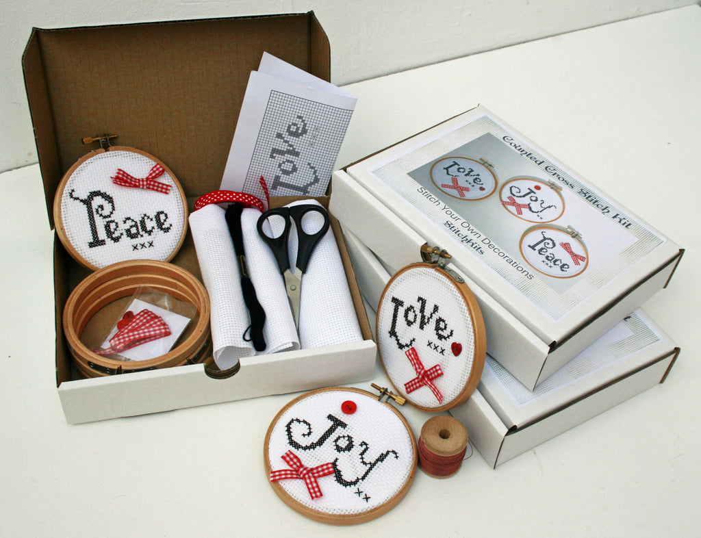 Love Joy & Peace Hoop Ornament, Cross Stitch Kit. - StitchKits Crafts