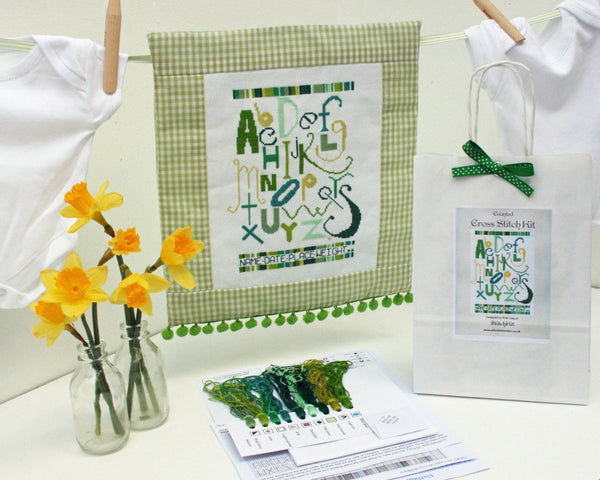 Green Alphabet Sampler Cross Stitch Kit - StitchKits Crafts
