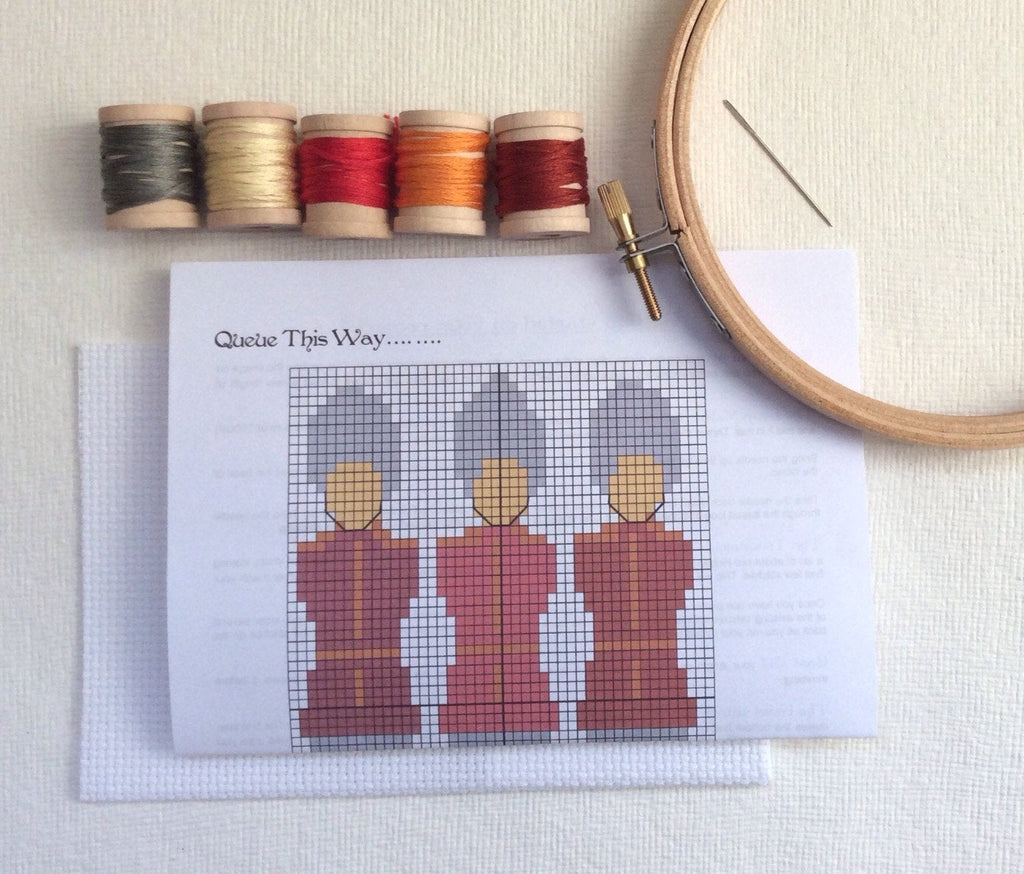 Queue This Way Cross Stitch Hoop Kit - StitchKits Crafts