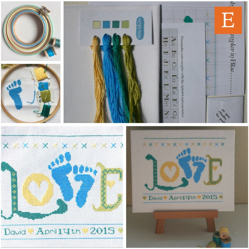 Baby Boy Cross Stitch Kit, 'Love' Baby Feet Sampler - StitchKits Crafts