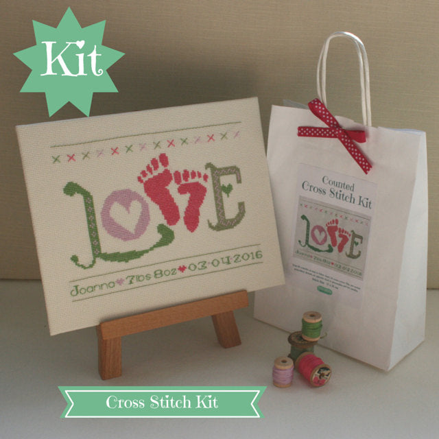 Baby Girl Cross Stitch Kit. 'Love' Baby Feet Pink - StitchKits Crafts