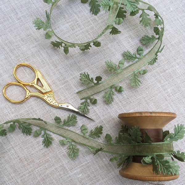 Green Satin Oak Leaf Ribbon with Sheer  Centre - StitchKits Crafts