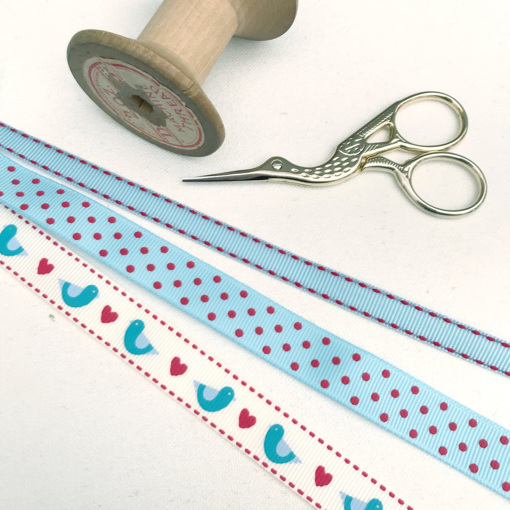 folk bird ribbon collection. peppermint blue christmas ribbons.