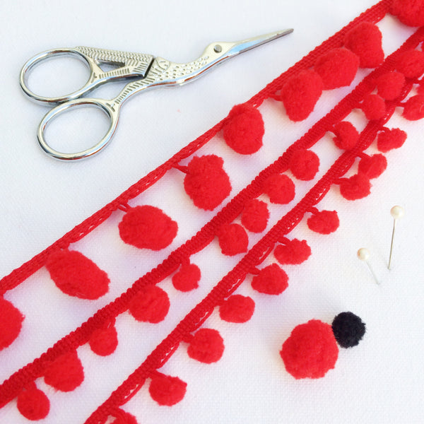 Red Pom Pom Trim with 10mm or 15mm pom pom's - StitchKits Crafts