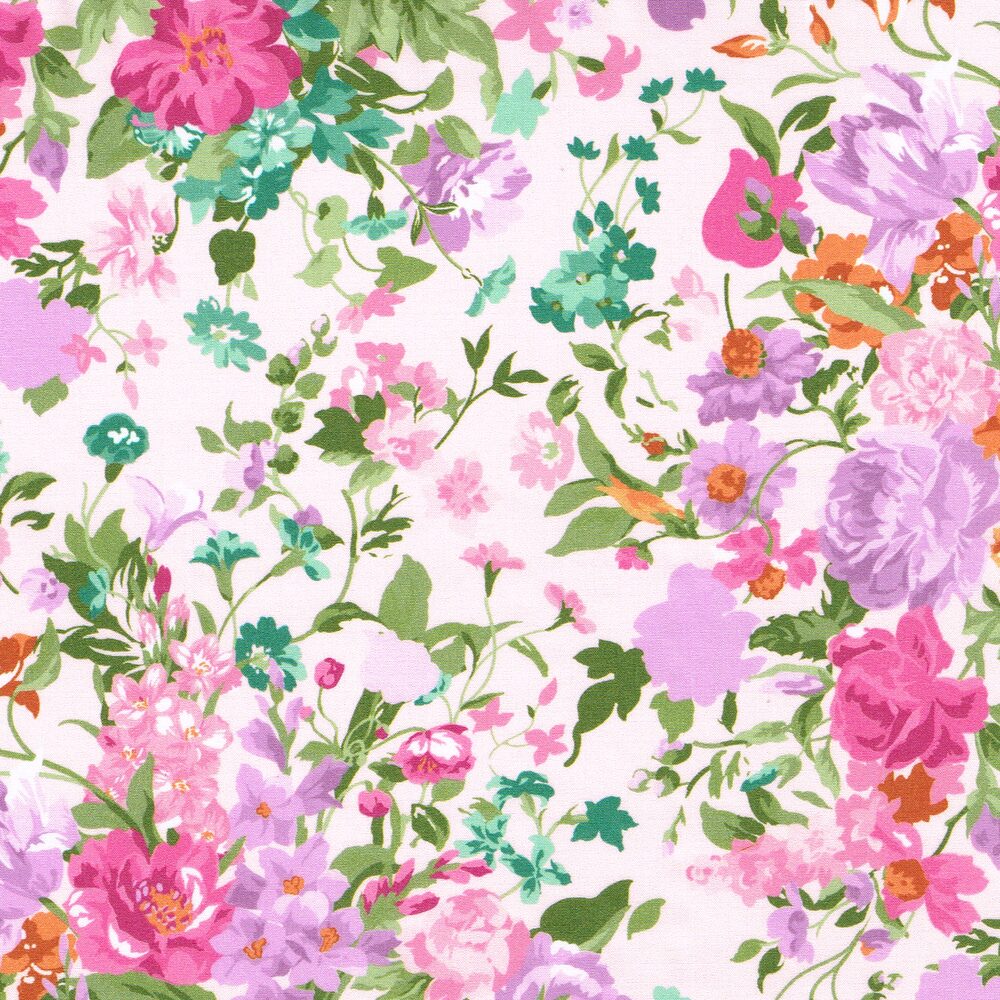 Colourful floral pattern on a light pink background.