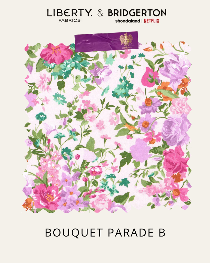 Floral fabric pattern with Bridgerton branding on a light pink background