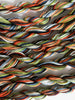 Close-up of multicolored braided embroidery floss on a white background
