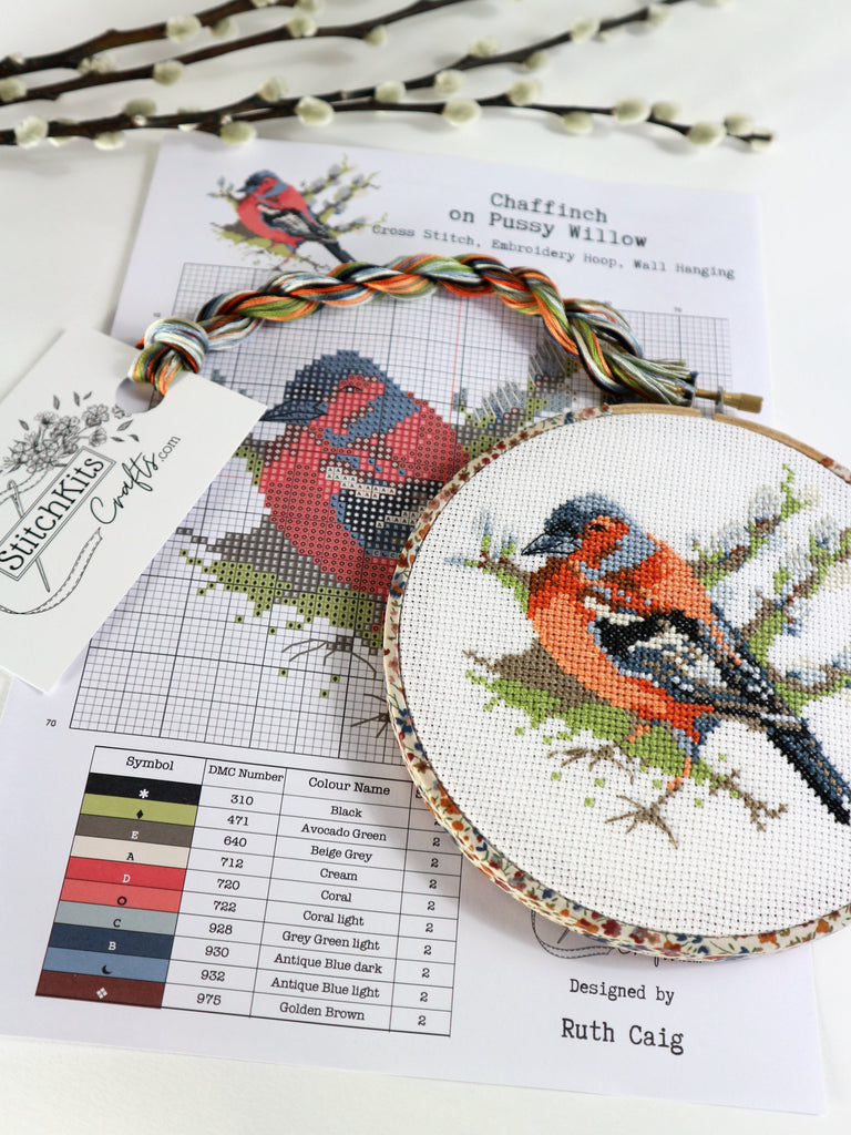 Cross-stitched bird design on a hoop with a color chart and pattern sheet on a white background