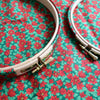 Embroidery hoops on a floral fabric background