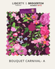Floral fabric pattern with 'Liberty & Bridgerton' branding on a white background. Bouquet Carnival print
