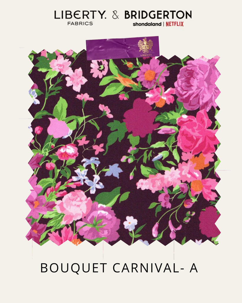 Floral fabric pattern with 'Liberty & Bridgerton' branding on a white background. Bouquet Carnival print
