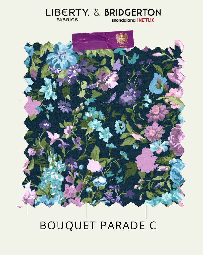 Floral fabric pattern with 'Liberty & Bridgerton' branding on a white background