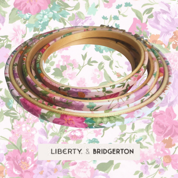 pretty floral embroidery hoops covered in pink Liberty and Bridgerton tana lawn cotton