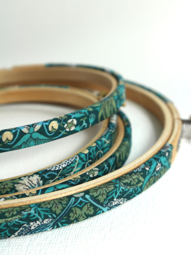 wooden embroidery hoop wrapped in green metallic strawbery thief tana lawn cotton