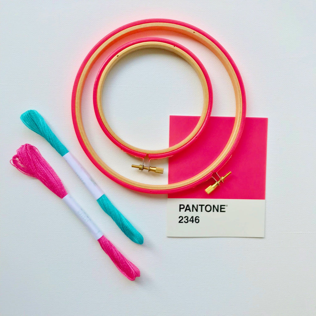 pantone fluorescent red embroidery hoops with embroidery  thread