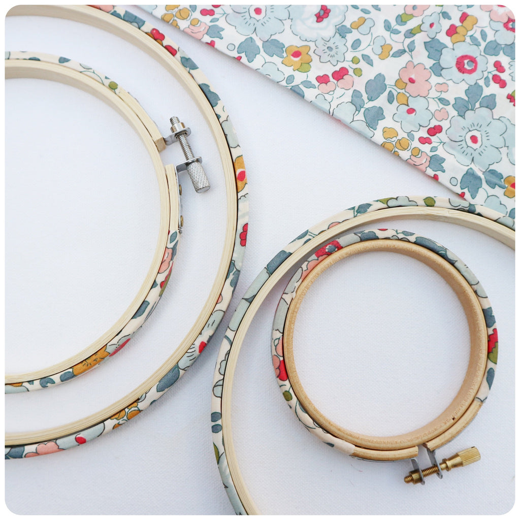 Grey Blue Liberty Fabric covered Embroidery hoops