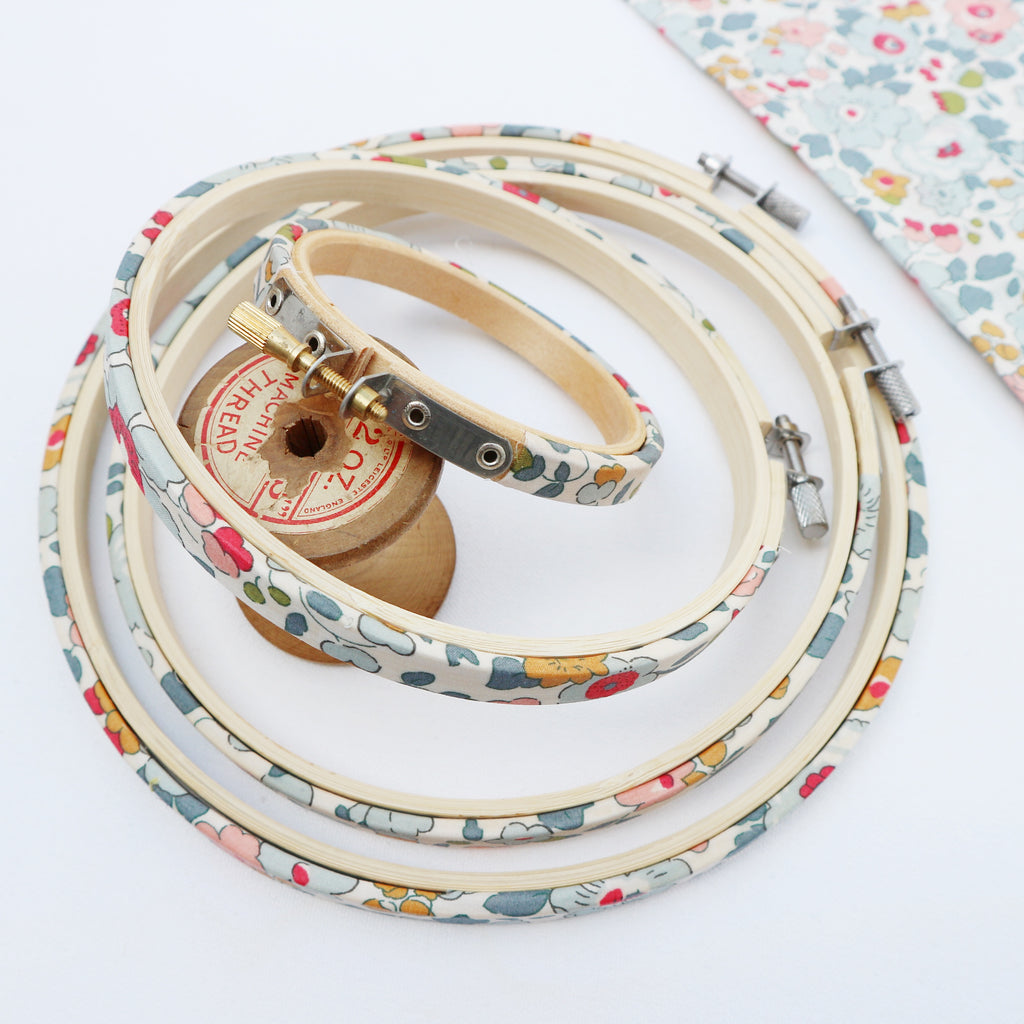 grey pretty embroidery hoops with vintage cotton reel