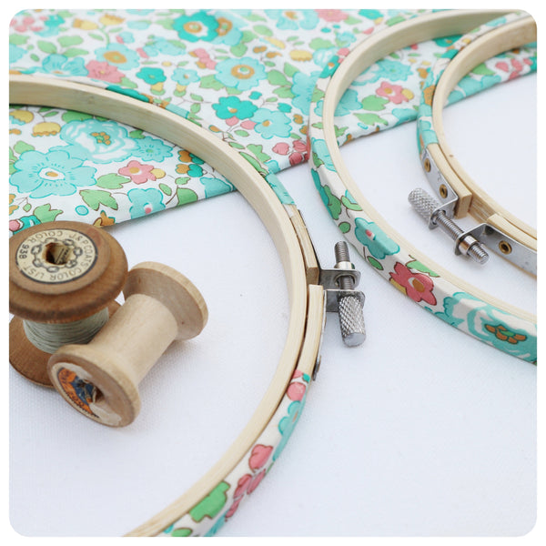 turquoise floral print embroidery hoops