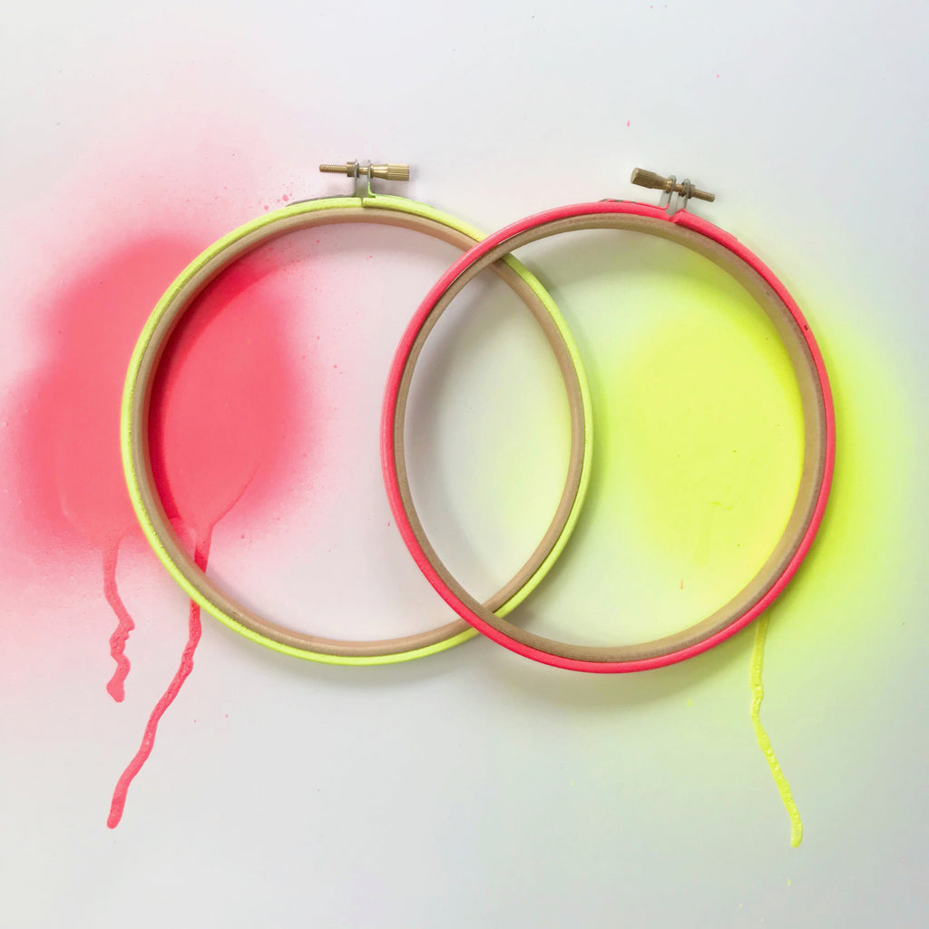 Neon red and yellow embroidery hoops with a dripping paint background.