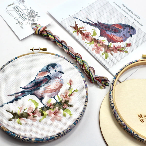 Cross-Stitched Long-tailed tit in a decorative embroidery hoop.