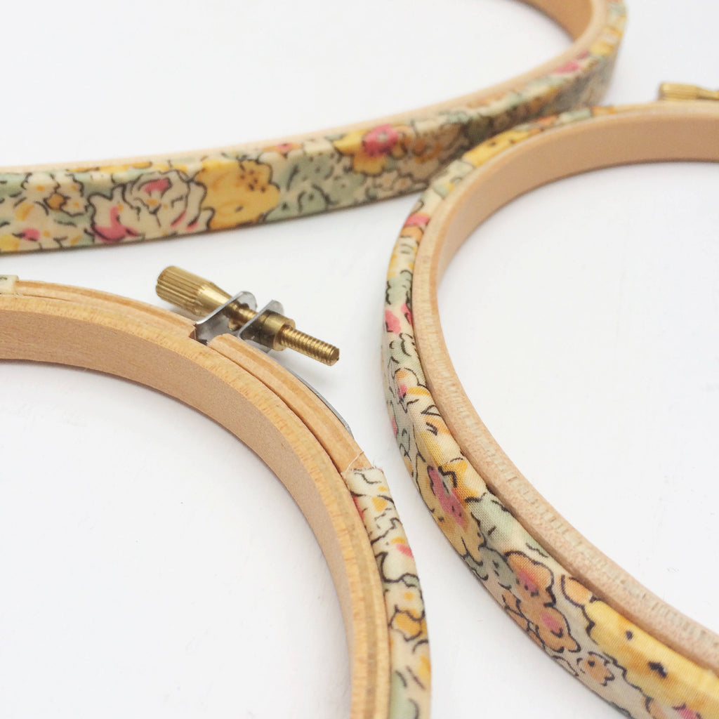Yellow 'Claire Aude' Liberty Tana Lawn Fabric Wrapped Embroidery Hoops - StitchKits Crafts