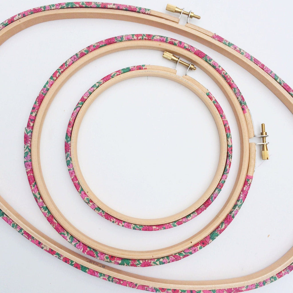 Pink 'Petal & Bud' Liberty Tana Lawn Fabric Wrapped Embroidery Hoops - StitchKits Crafts