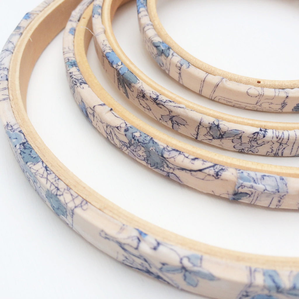 Blue 'Travelling Threads' Liberty Fabric Tana Lawn Covered Embroidery hoops - StitchKits Crafts