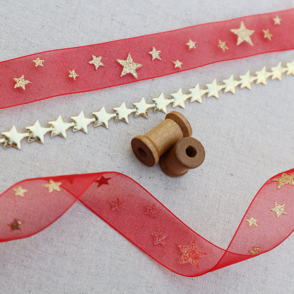 Red Organza Ribbon With Gold Stars - StitchKits Crafts