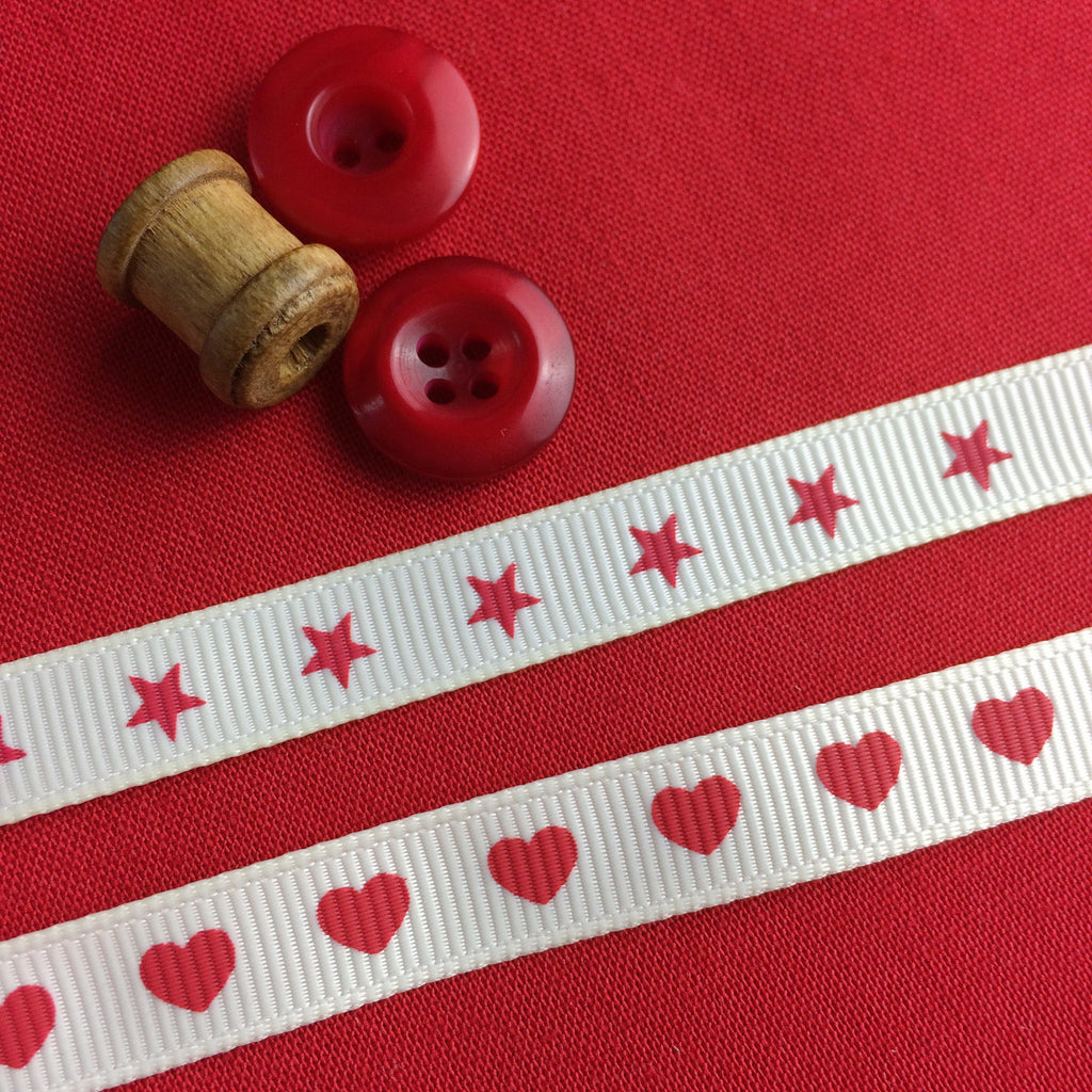 Ivory Love Heart and Star Ribbon collection. Mini red Pom Pom trim. Valentine Ribbon. Red Star Ribbon. Valentines  Craft. DIY Valentines - StitchKits Crafts