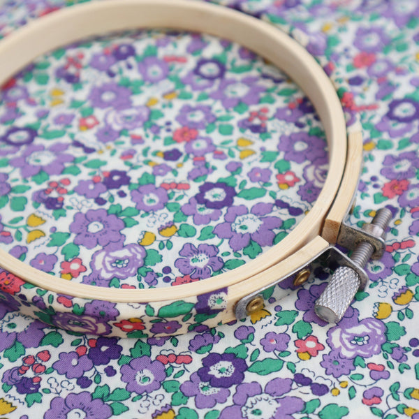 Purple 'Betsy Ann' Liberty Fabric Tana Lawn Covered Embroidery Hoops - StitchKits Crafts