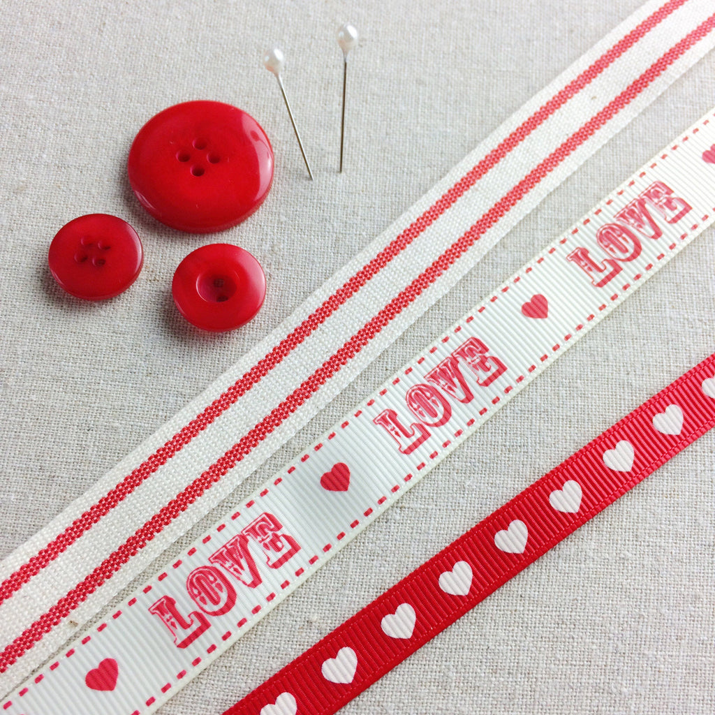 Vintage Love, Ribbon collection. Red Striped Cotton Trim. Red Grograin Heart Ribbon. Valentines Ribbon. Valentines Crafts. DIY Valentines. - StitchKits Crafts