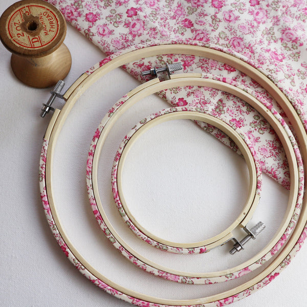Pink Rose Liberty Tana Lawn Fabric Embroidery Hoops - StitchKits Crafts