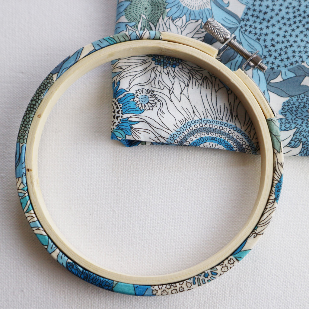 Blue 'Susanna' Liberty Fabric Tana Lawn Wrapped Embroidery Hoops - StitchKits Crafts