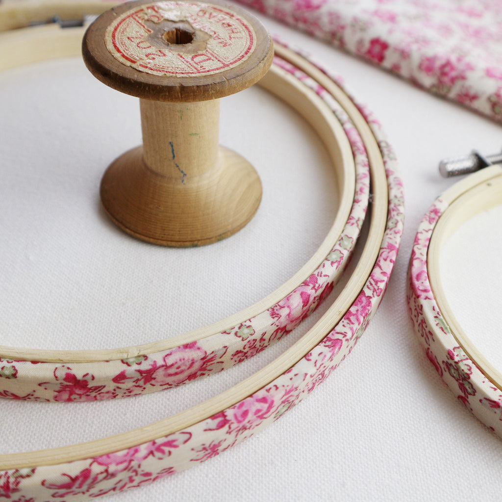 Pink Rose Liberty Tana Lawn Fabric Embroidery Hoops - StitchKits Crafts
