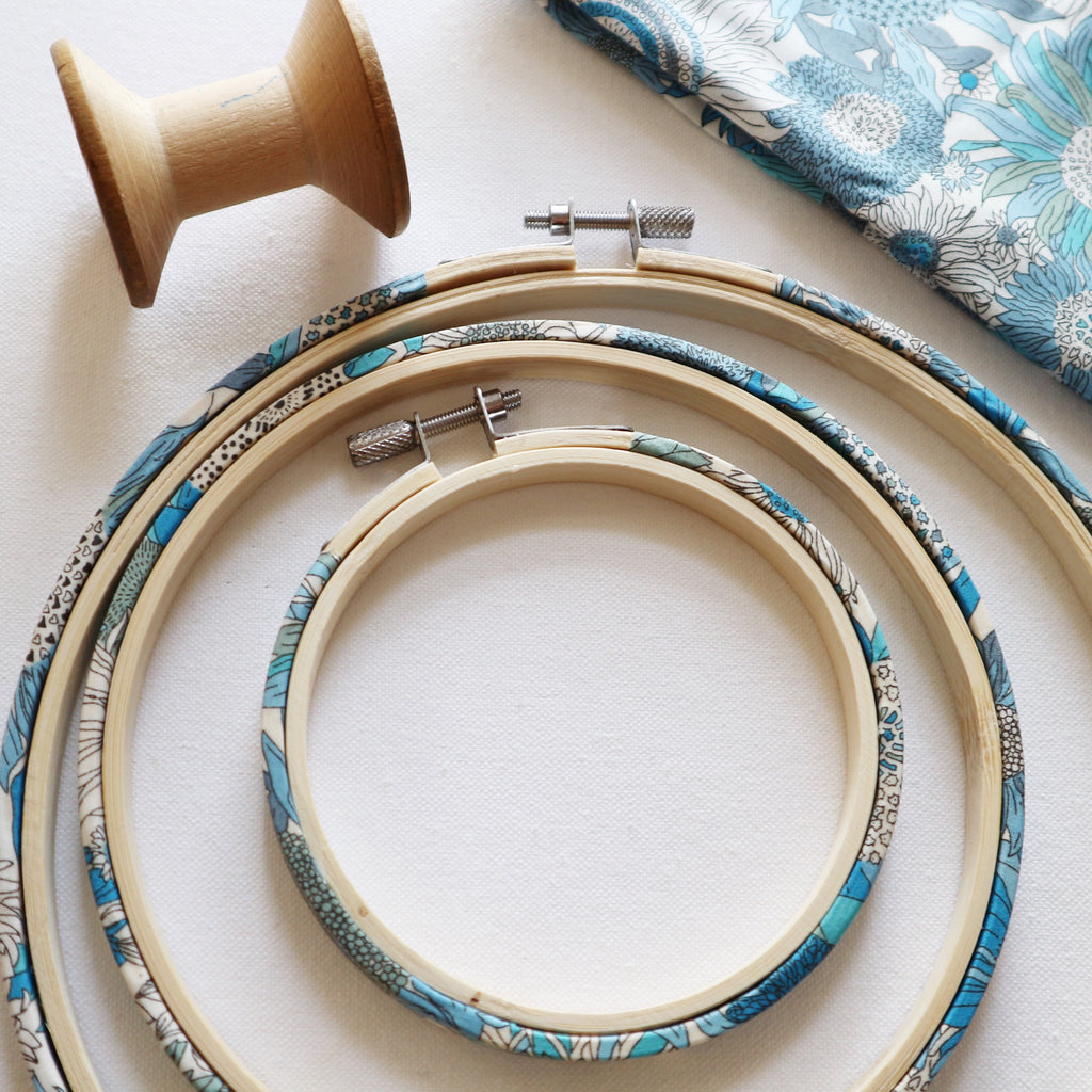 Blue 'Susanna' Liberty Fabric Tana Lawn Wrapped Embroidery Hoops - StitchKits Crafts