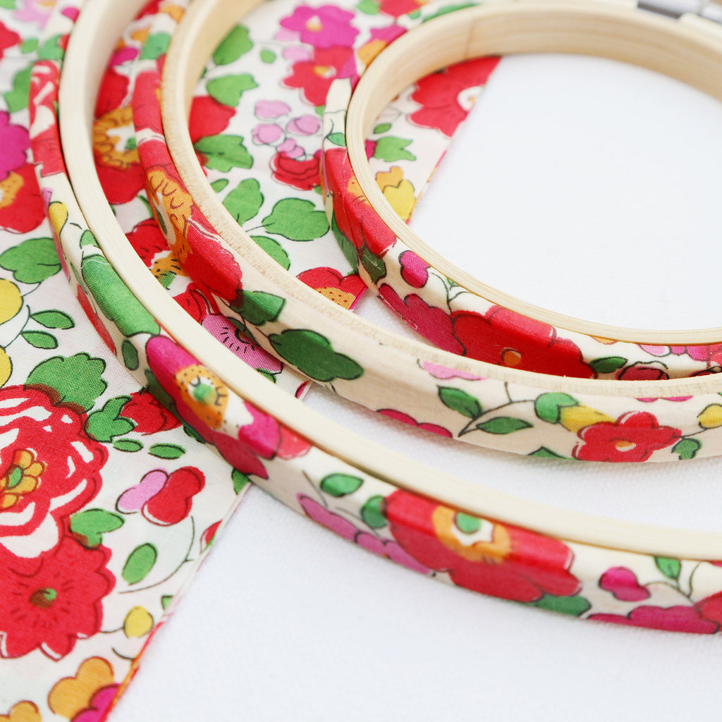 Red 'Betsy X' Liberty Fabric Tana Lawn Covered Embroidery hoops - StitchKits Crafts