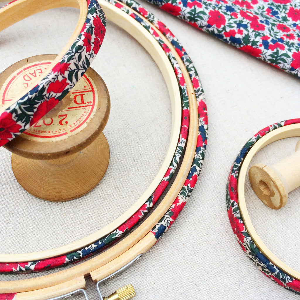Red 'Rosalind B' Liberty Fabric Tana Lawn fabric covered Embroidery Hoops - StitchKits Crafts