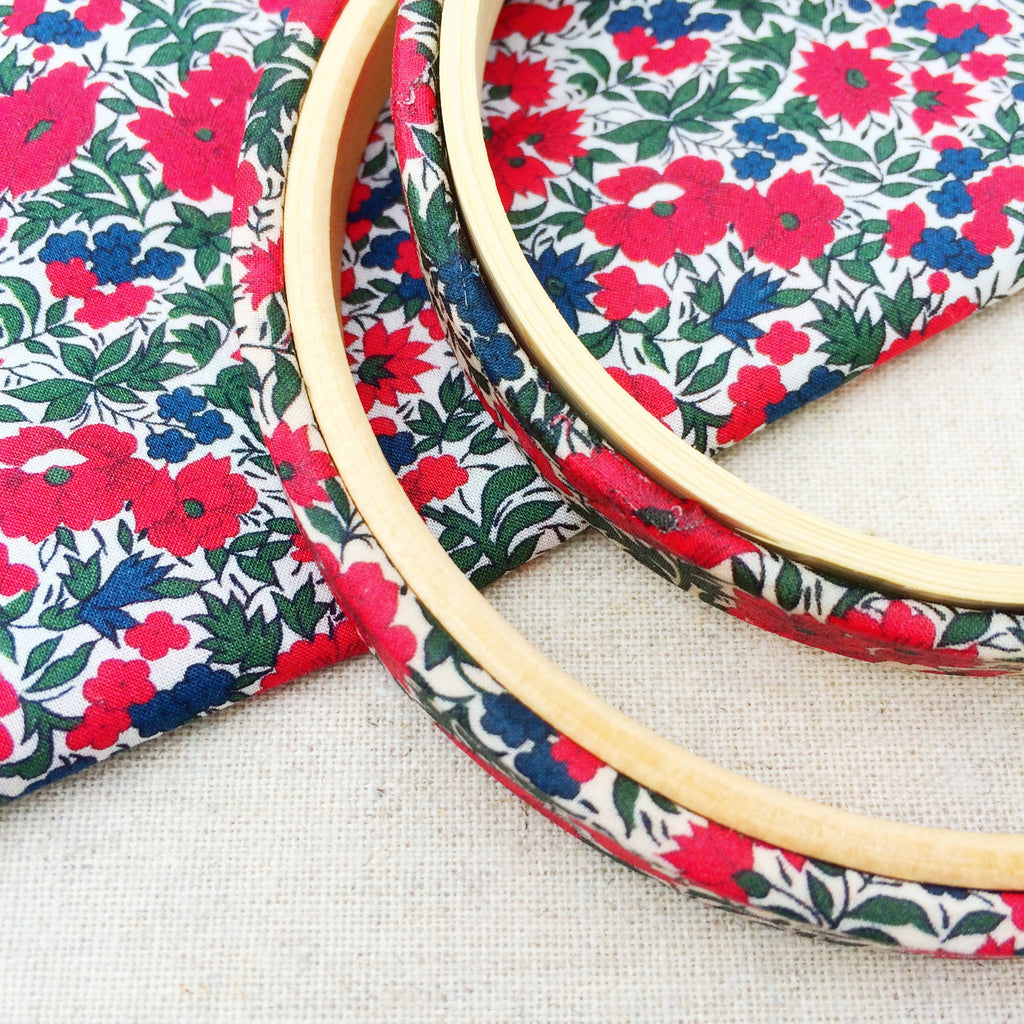 Red 'Rosalind B' Liberty Fabric Tana Lawn fabric covered Embroidery Hoops - StitchKits Crafts