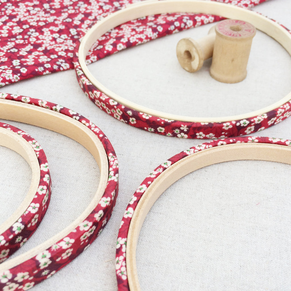 Red 'Mitsi D' Liberty Fabric Tana Lawn covered Embroidery Hoops - StitchKits Crafts